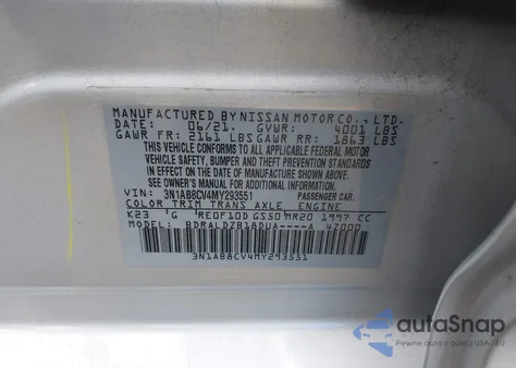 2021 Nissan Sentra Sv Xtronic Cvt from USA, damaged, VIN 3N1AB8CV4MY293551